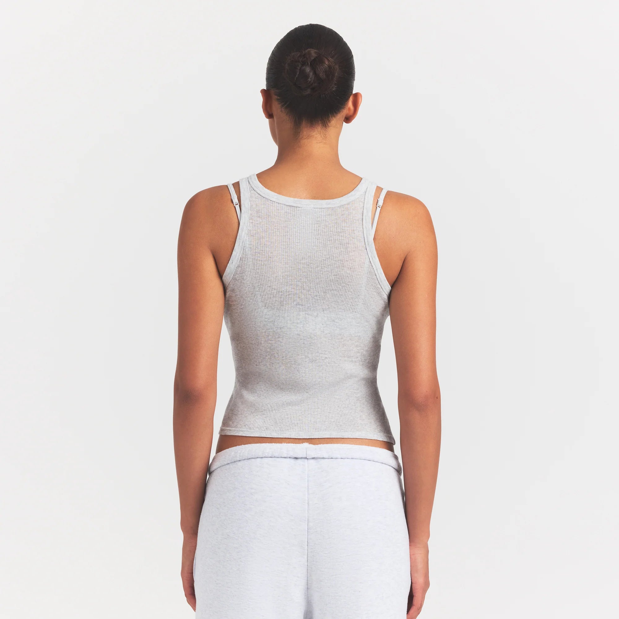SHEER RIB TANK | LIGHT HEATHER GREY ON A MODEL SIDE VIEW @ | FOCUS: 0.0, 1.0, 0.9