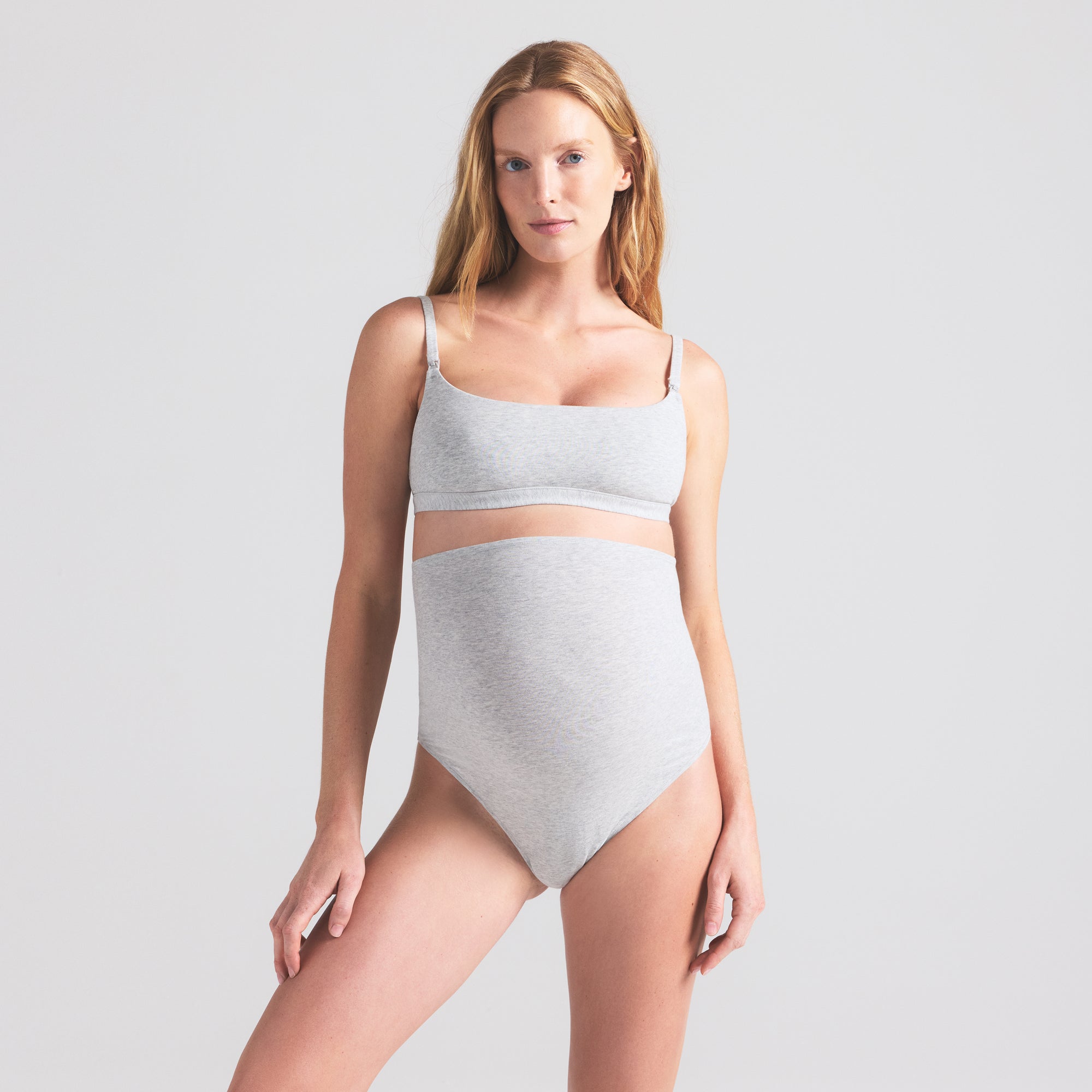 COTTON JERSEY MATERNITY NURSING SCOOP BRALETTE | LIGHT HEATHER GREY ON A MODEL SIDE VIEW | FOCUS: 0.0, 1.0, 0.9