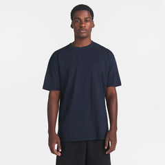 HEAVYWEIGHT COTTON MENS RELAXED T-SHIRT | BLUE BLACK ON A MODEL FRONT VIEW @ | FOCUS: 0.0, 1.0, 0.9