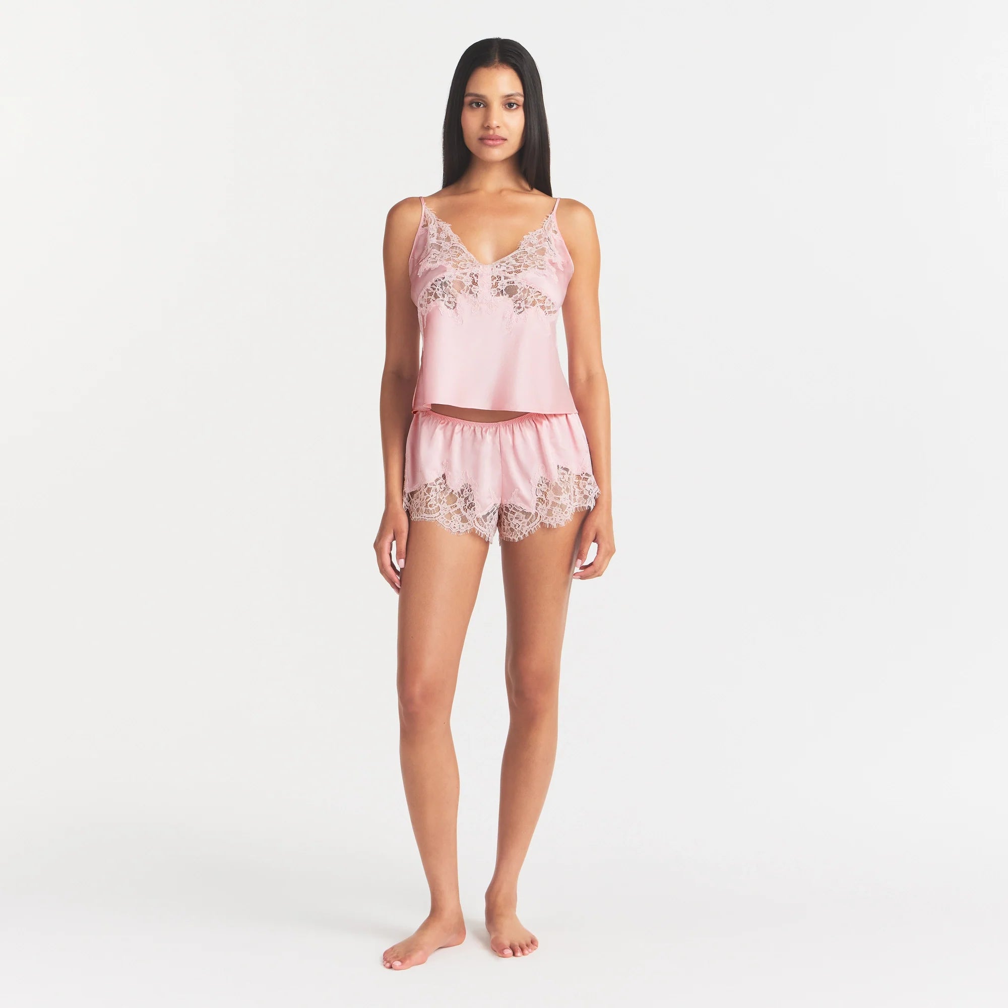 SILK LACE CAMI | PEONY TONAL ON A MODEL FRONT VIEW @ | FOCUS: 0.0, 1.0, 0.9