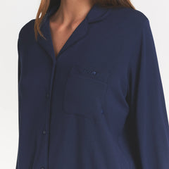 SKIMS SLEEP LONG SLEEVE BUTTON UP SET | NAVY ON A MODEL FRONT VIEW