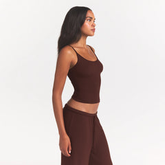 SOFT LOUNGE TANK SLEEP SET | COCOA ON A MODEL FRONT VIEW @ | FOCUS: 0.0, 1.0, 0.9