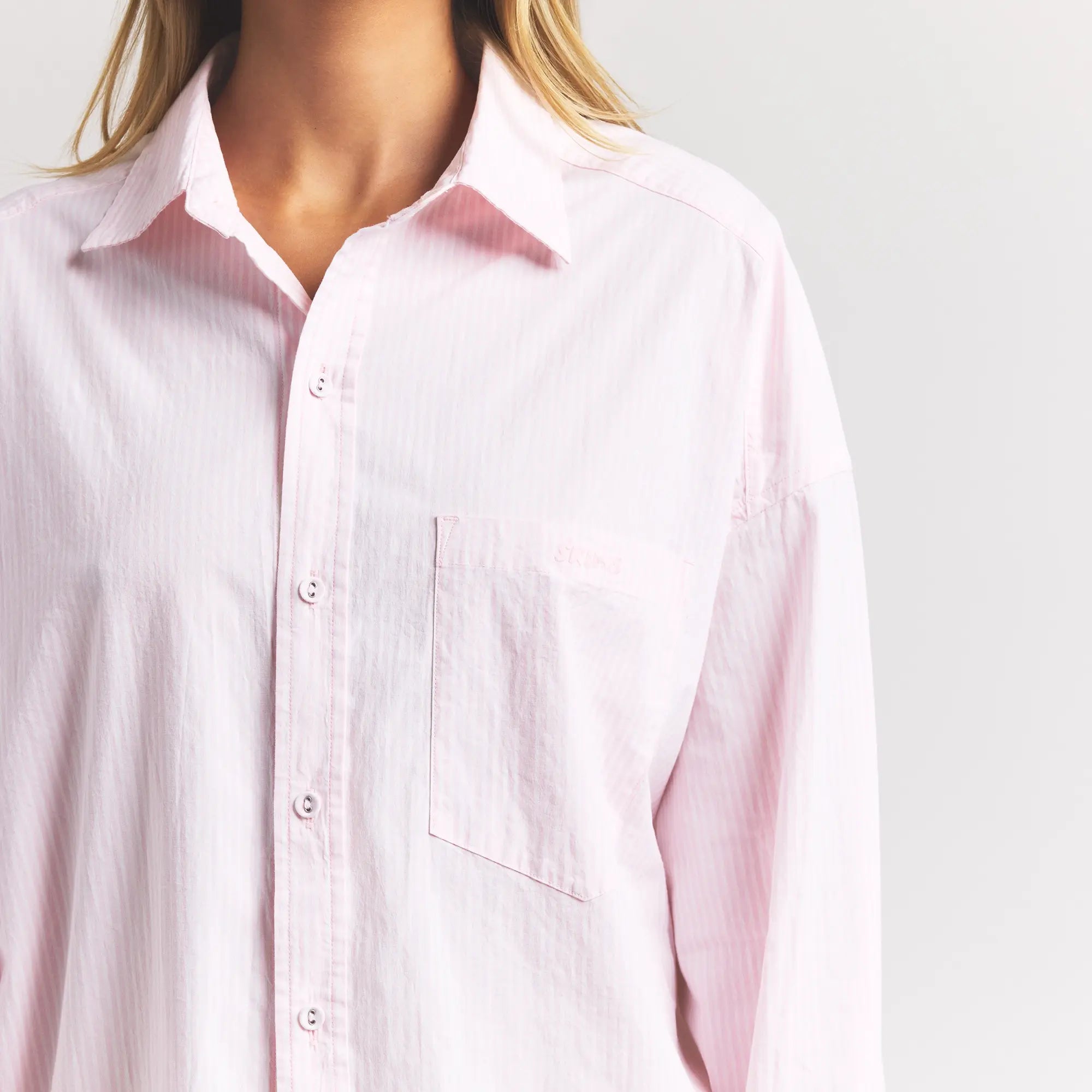 COTTON POPLIN OVERSIZED SLEEP SET | CHERRY BLOSSOM STRIPE ON A MODEL FRONT VIEW @ | FOCUS: 0.0, 1.0, 0.9