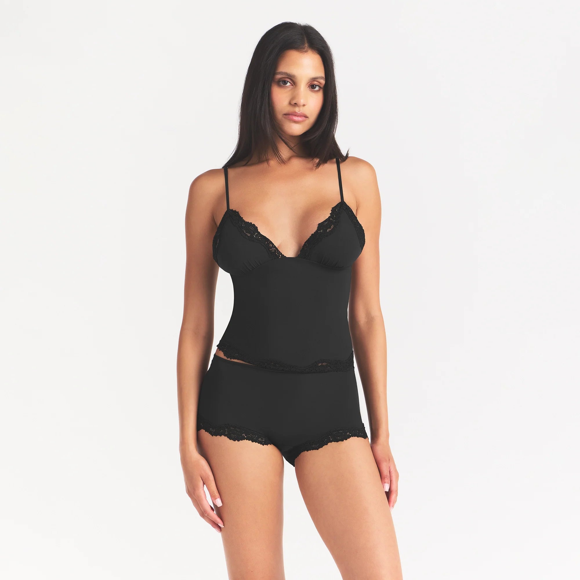 FITS EVERYBODY LACE TRIANGLE CAMI AND BOY SHORT SET | ONYX ON A MODEL BACK VIEW