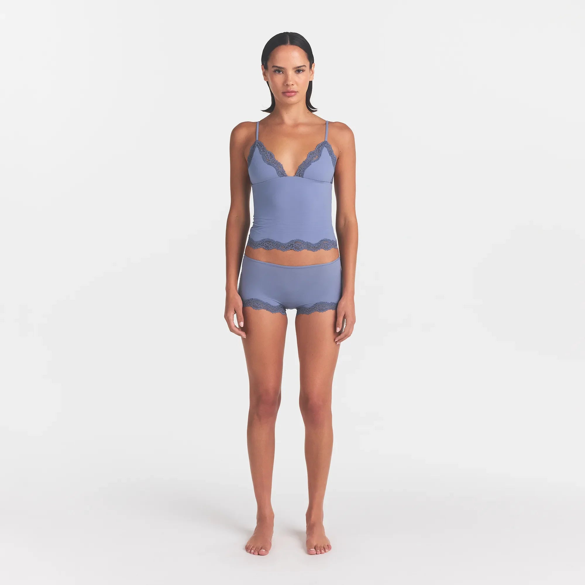 FITS EVERYBODY LACE CAMI AND BOY SHORT SET | SLATE TONAL ON A MODEL | FOCUS: 0.0, 1.0, 0.9