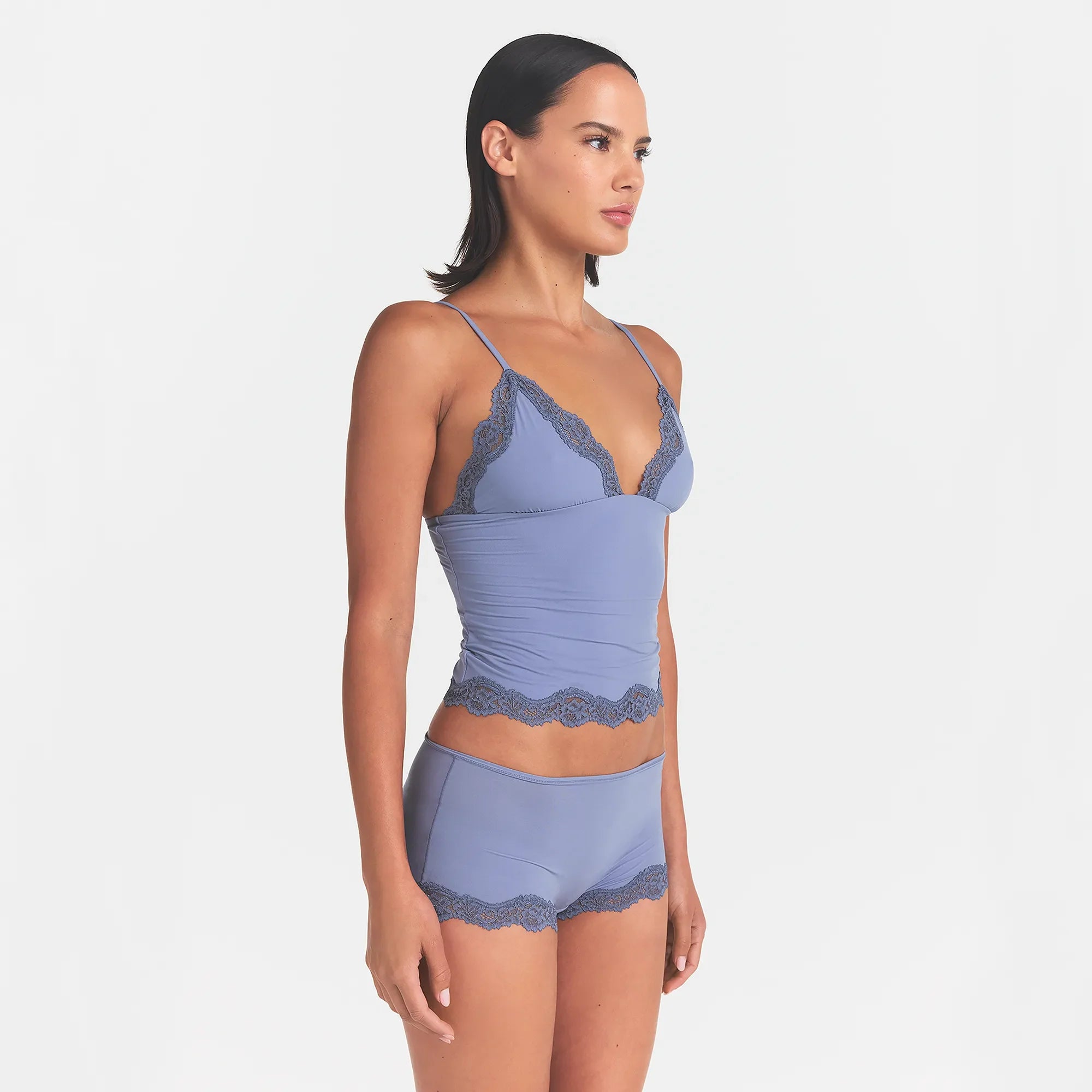 FITS EVERYBODY LACE CAMI AND BOY SHORT SET | SLATE TONAL ON A MODEL | FOCUS: 0.0, 1.0, 0.9