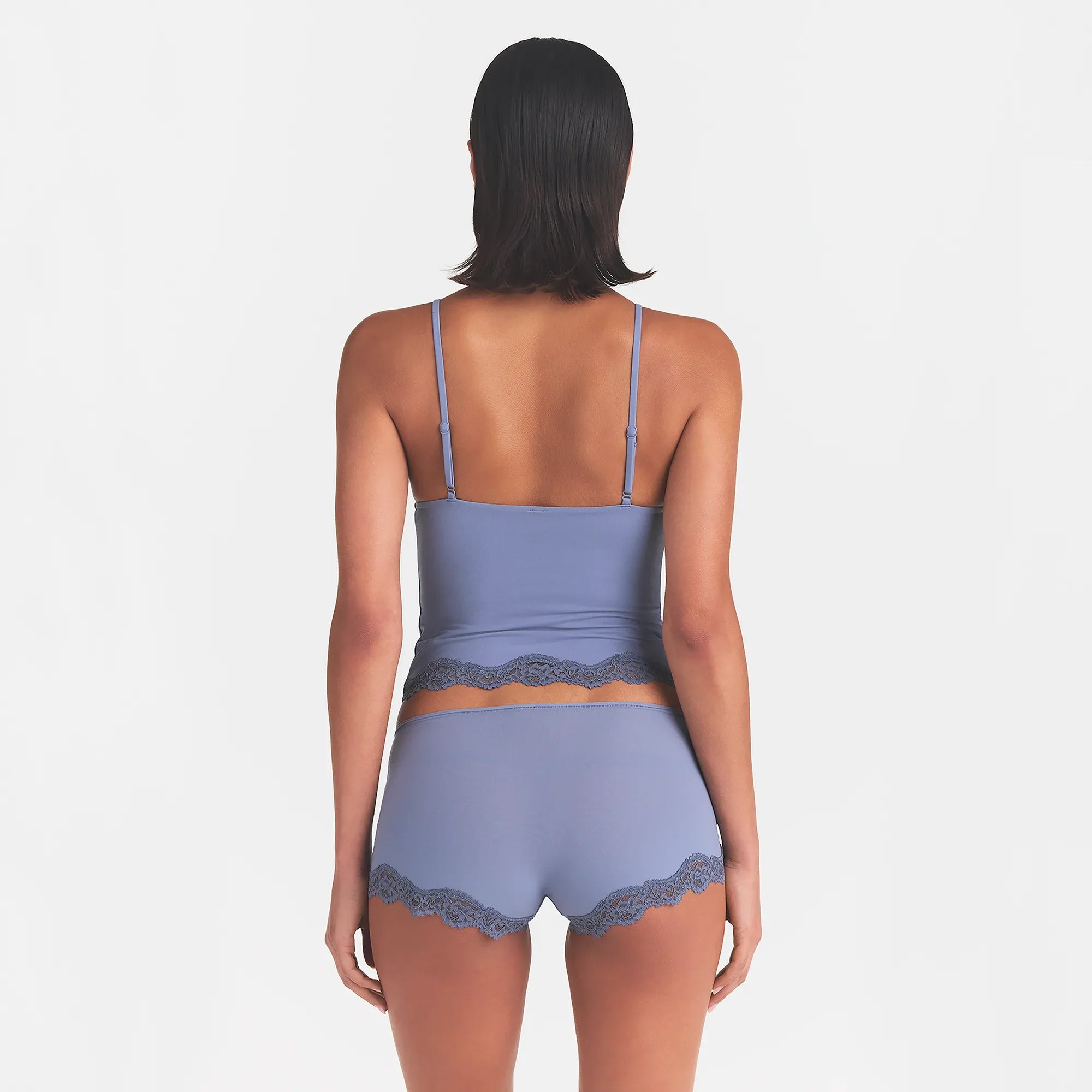 FITS EVERYBODY LACE CAMI AND BOY SHORT SET | SLATE TONAL & LAYS FLAT ON A WHITE BACKGROUND | FLT