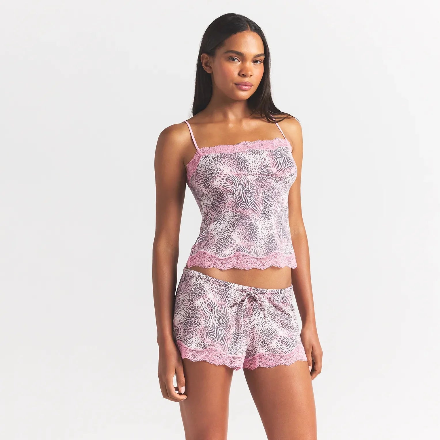 SKIMS SLEEP CAMI AND SHORT SET | BLOOM MINI MULTI ANIMAL ON A MODEL FRONT VIEW @ | FOCUS: 0.0, 1.0, 0.9
