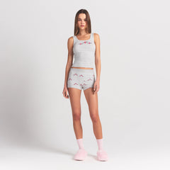 COTTON RIB TANK AND SHORT SET | LIGHT HEATHER GREY TRIPLE HEARTS ON A MODEL FRONT VIEW @ | FOCUS: 0.0, 1.0, 0.9