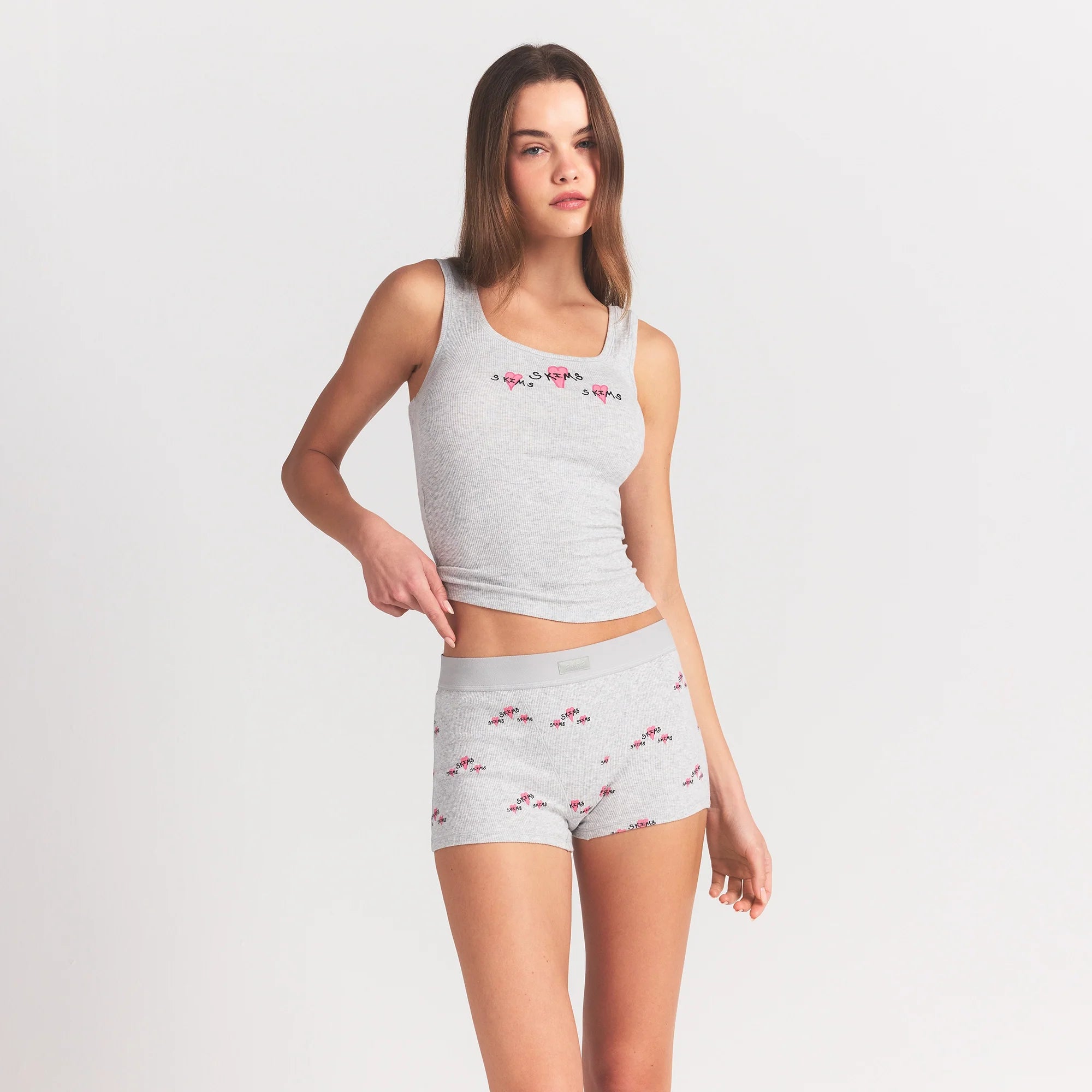 COTTON RIB TANK AND SHORT SET | LIGHT HEATHER GREY TRIPLE HEARTS ON A MODEL FRONT VIEW @ | FOCUS: 0.0, 1.0, 0.9