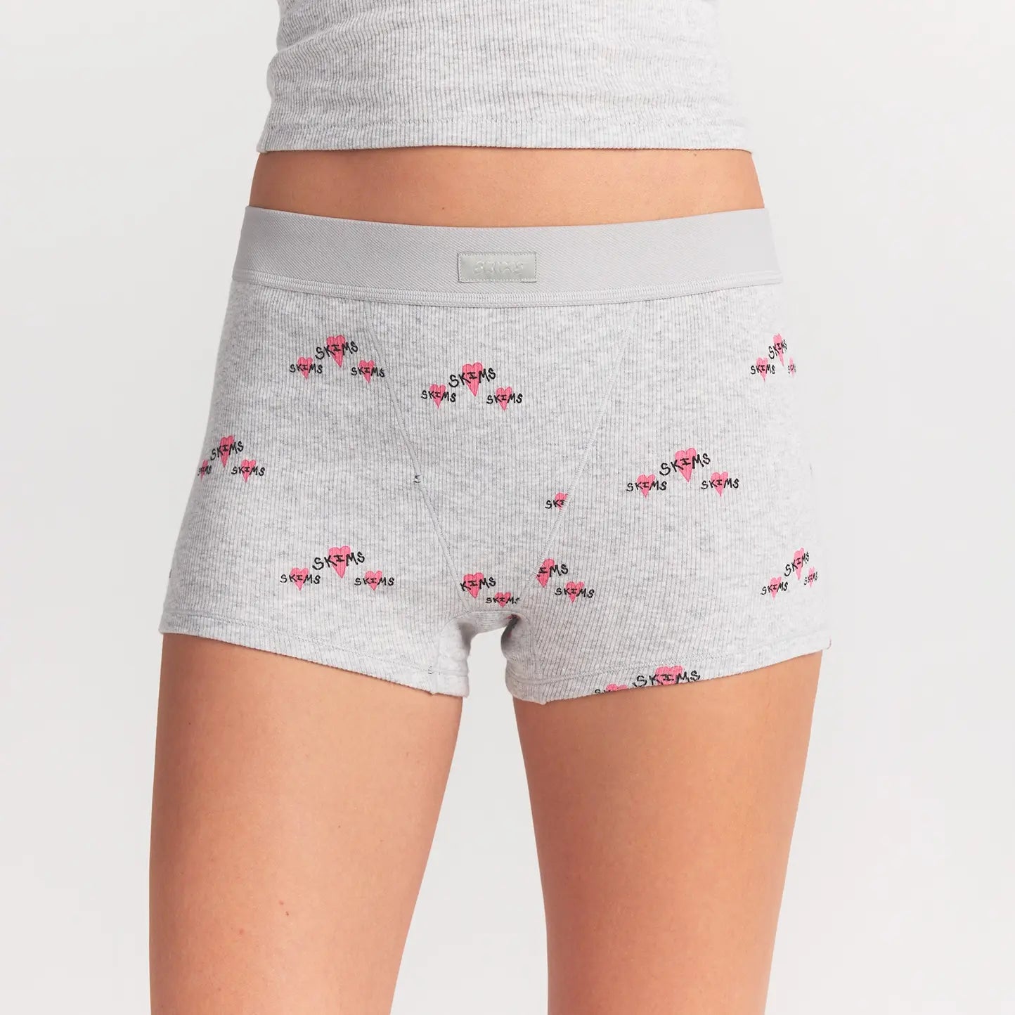 COTTON RIB TANK AND SHORT SET | LIGHT HEATHER GREY TRIPLE HEARTS ON A MODEL FRONT VIEW @ | FOCUS: 0.0, 1.0, 0.9