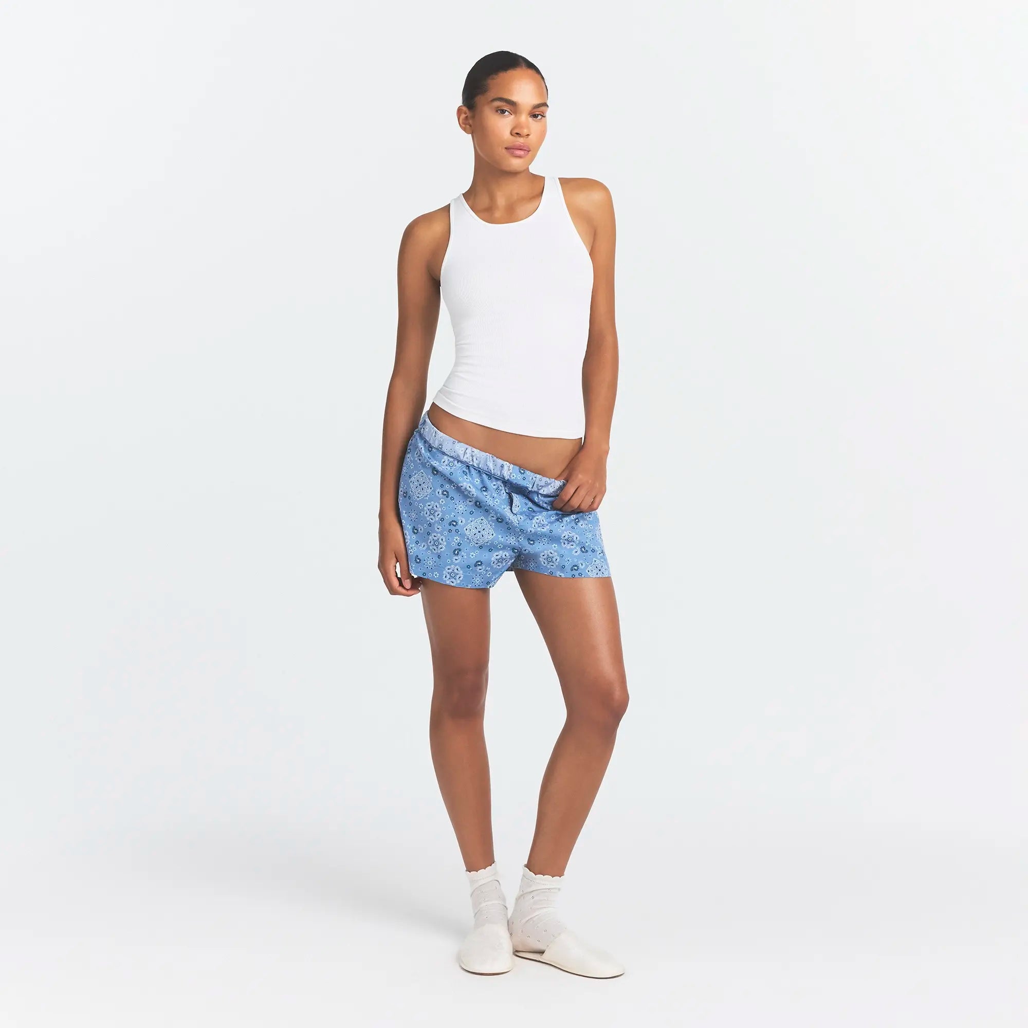 COTTON POPLIN BOXER SLEEP SET | ARCTIC SNOW BANDANA ON A MODEL FRONT VIEW @ | FOCUS: 0.0, 1.0, 0.9