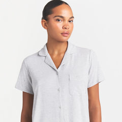 SKIMS SLEEP SHORT SLEEVE BUTTON UP SET | LIGHT HEATHER GREY ON A MODEL FRONT VIEW