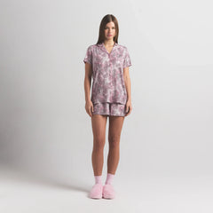 SKIMS SLEEP SHORT SLEEVE BUTTON UP SET | BLOOM MINI MULTI ANIMAL ON A MODEL FRONT VIEW @ | FOCUS: 0.0, 1.0, 0.9