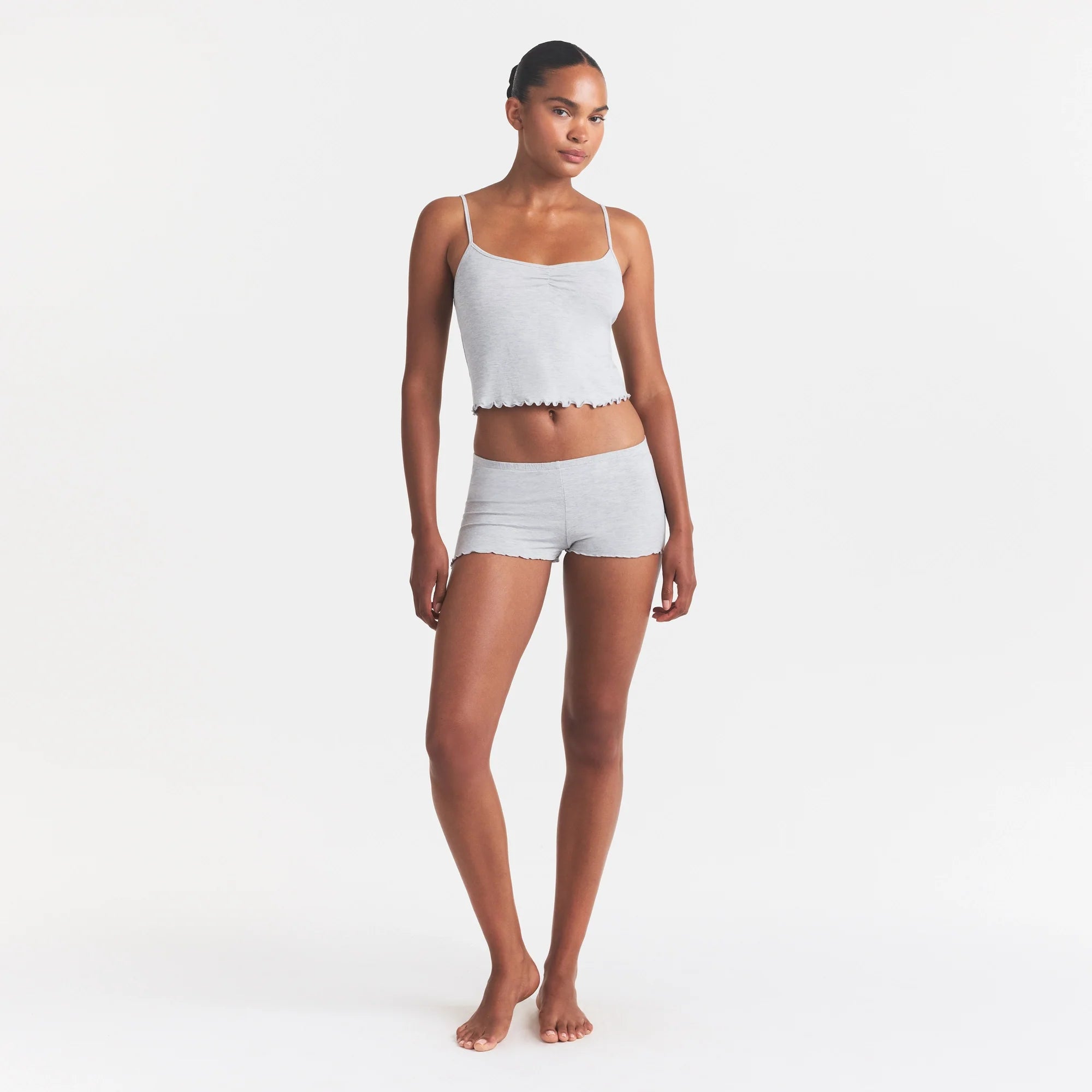 SKIMS SLEEP CAMI SET | LIGHT HEATHER GREY ON A MODEL FRONT VIEW @ | FOCUS: 0.0, 1.0, 0.9