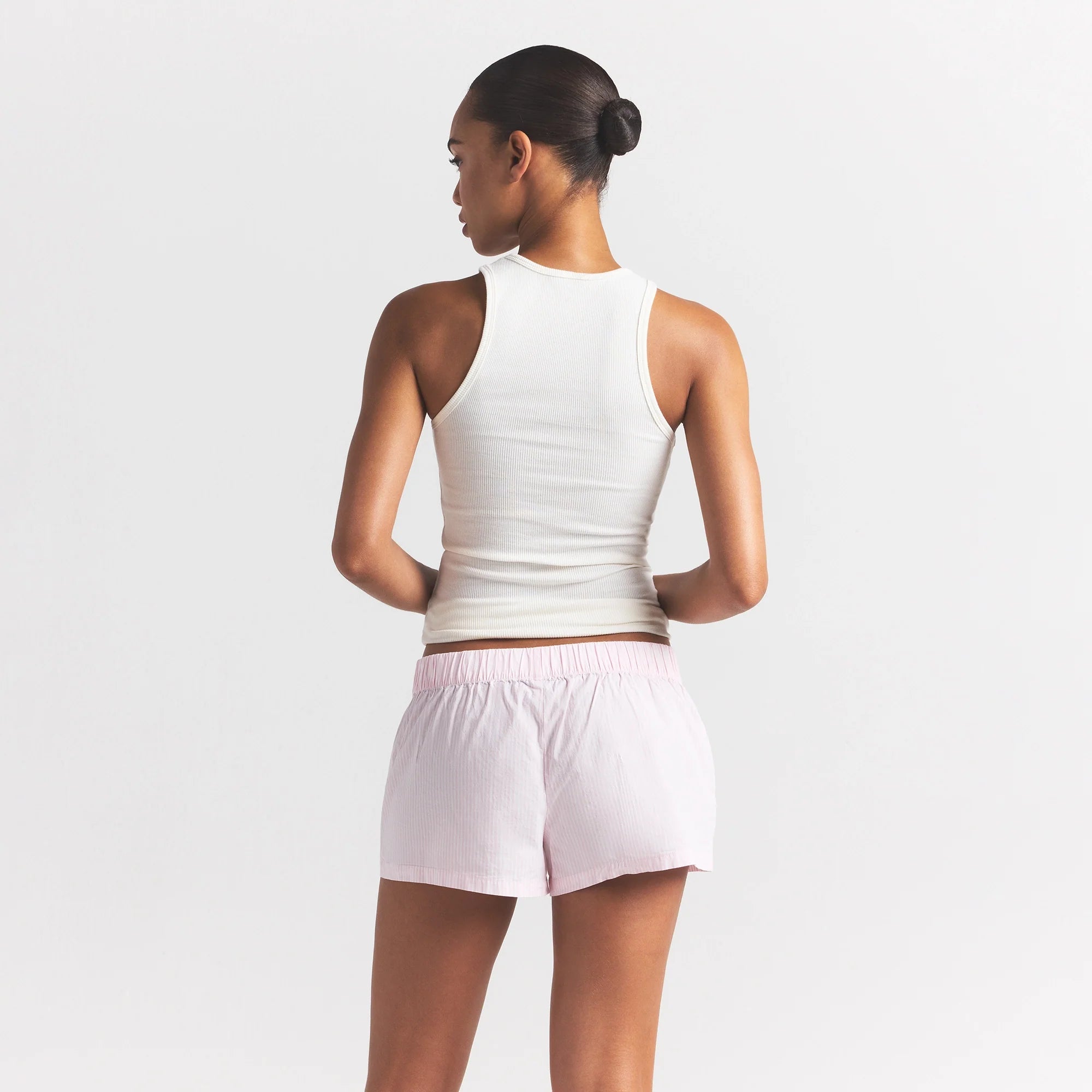 COTTON POPLIN BOXER SLEEP SET | CHERRY BLOSSOM STRIPE ON A MODEL BACK VIEW @ | FOCUS: 0.0, 1.0, 0.9