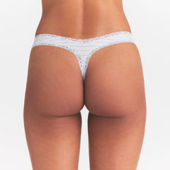 LIGHTWEIGHT COTTON LACE THONG | AIRSPACE LAGUNA STRIPE ON A MODEL SIDE VIEW @ | FOCUS: 0.0, 1.0, 0.9
