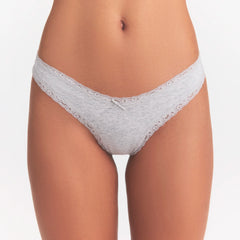LIGHTWEIGHT COTTON LACE THONG | LIGHT HEATHER GREY ON A MODEL SIDE VIEW  | FOCUS: 0.0, 1.0, 0.9