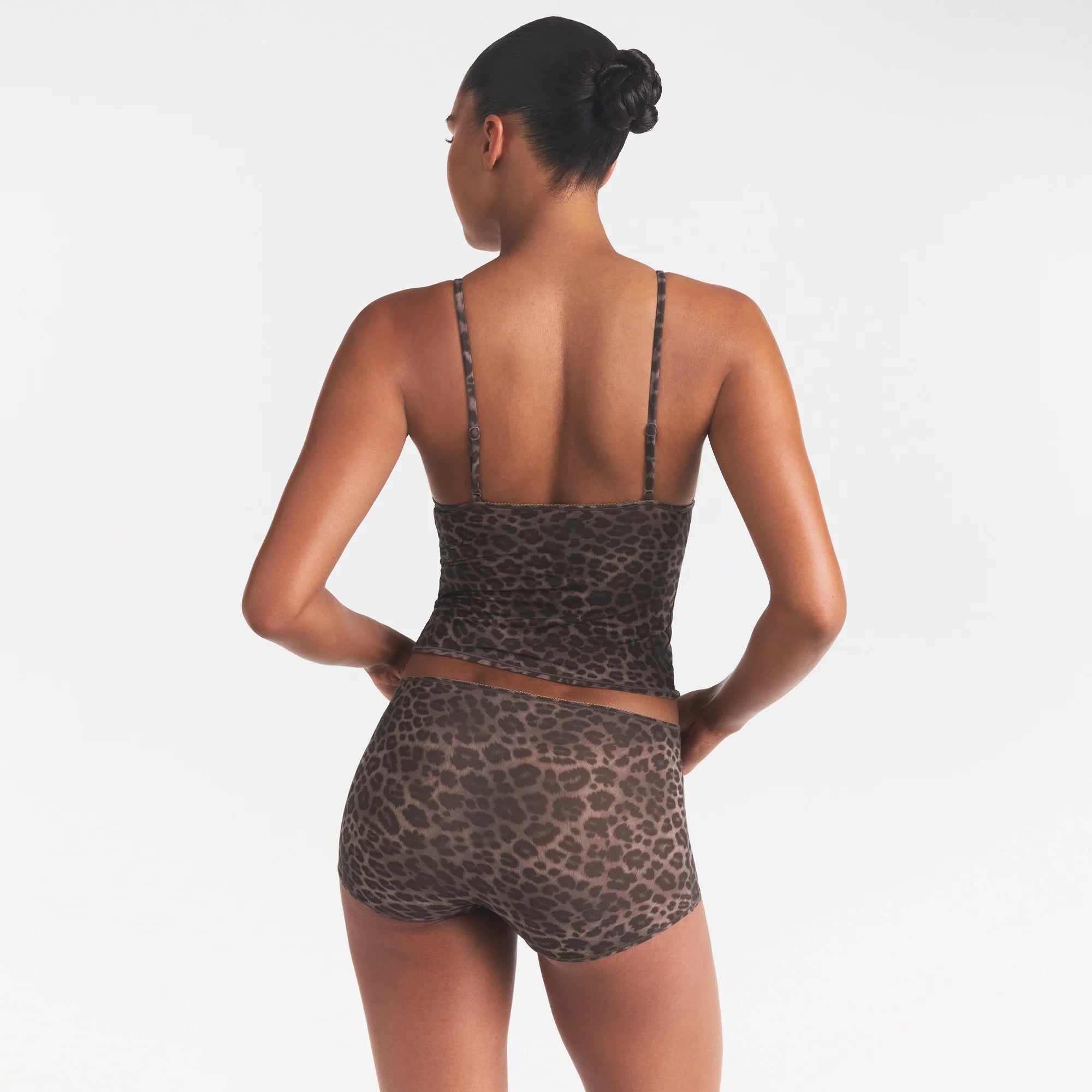 FITS EVERYBODY PICOT CAMI AND BOY SHORT SET | UMBER LEOPARD PRINT ON A MODEL SIDE VIEW