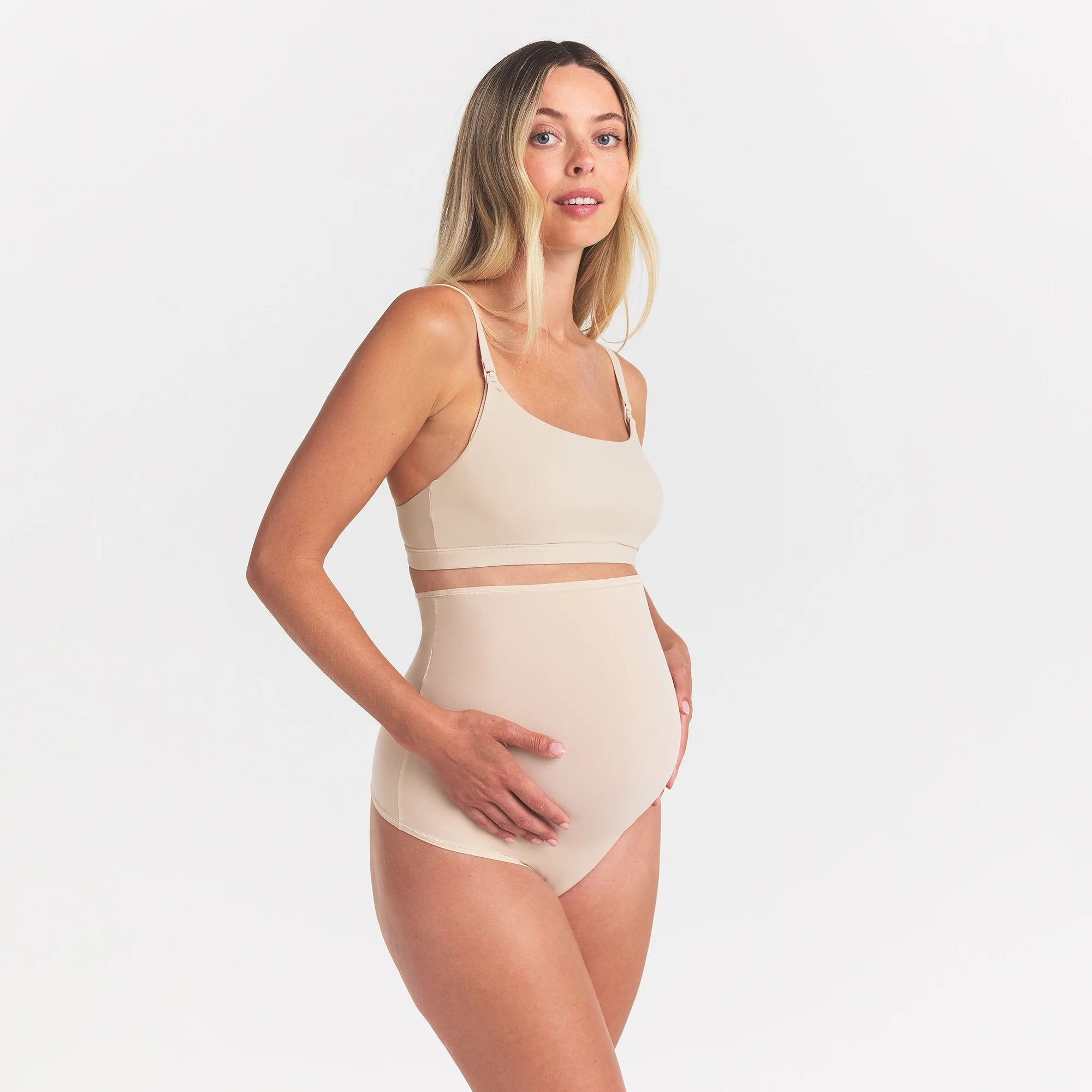 FITS EVERYBODY MATERNITY HIGH-WAISTED THONG | SAND ON A MODEL FRONT VIEW @ | FOCUS: 0.0, 1.0, 0.9