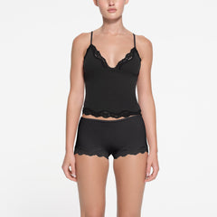FITS EVERYBODY LACE TRIANGLE CAMI | ONYX ON A MODEL FRONT VIEW