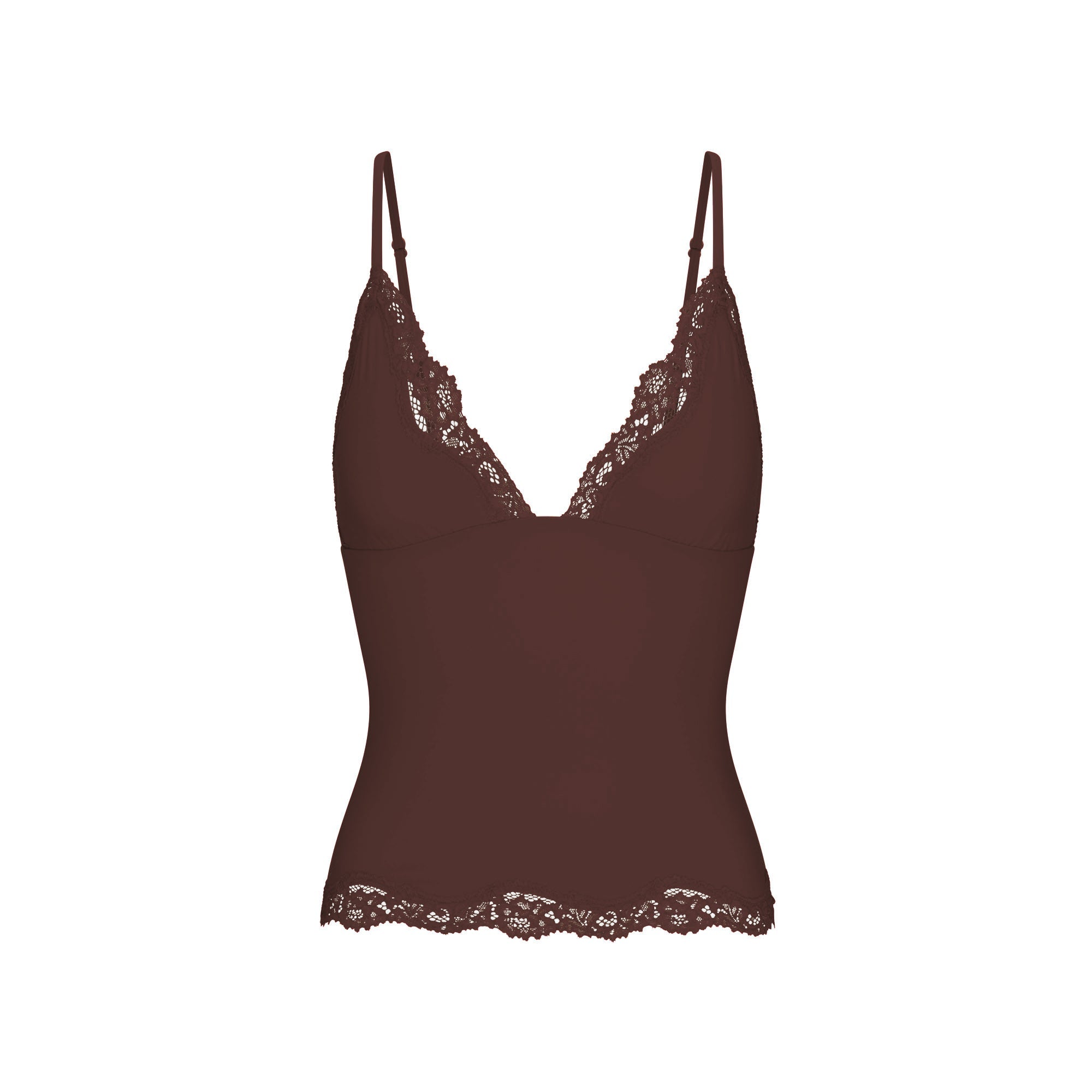 FITS EVERYBODY LACE TRIANGLE CAMI | ESPRESSO FLAT ON A WHITE BACKGROUND | FLT