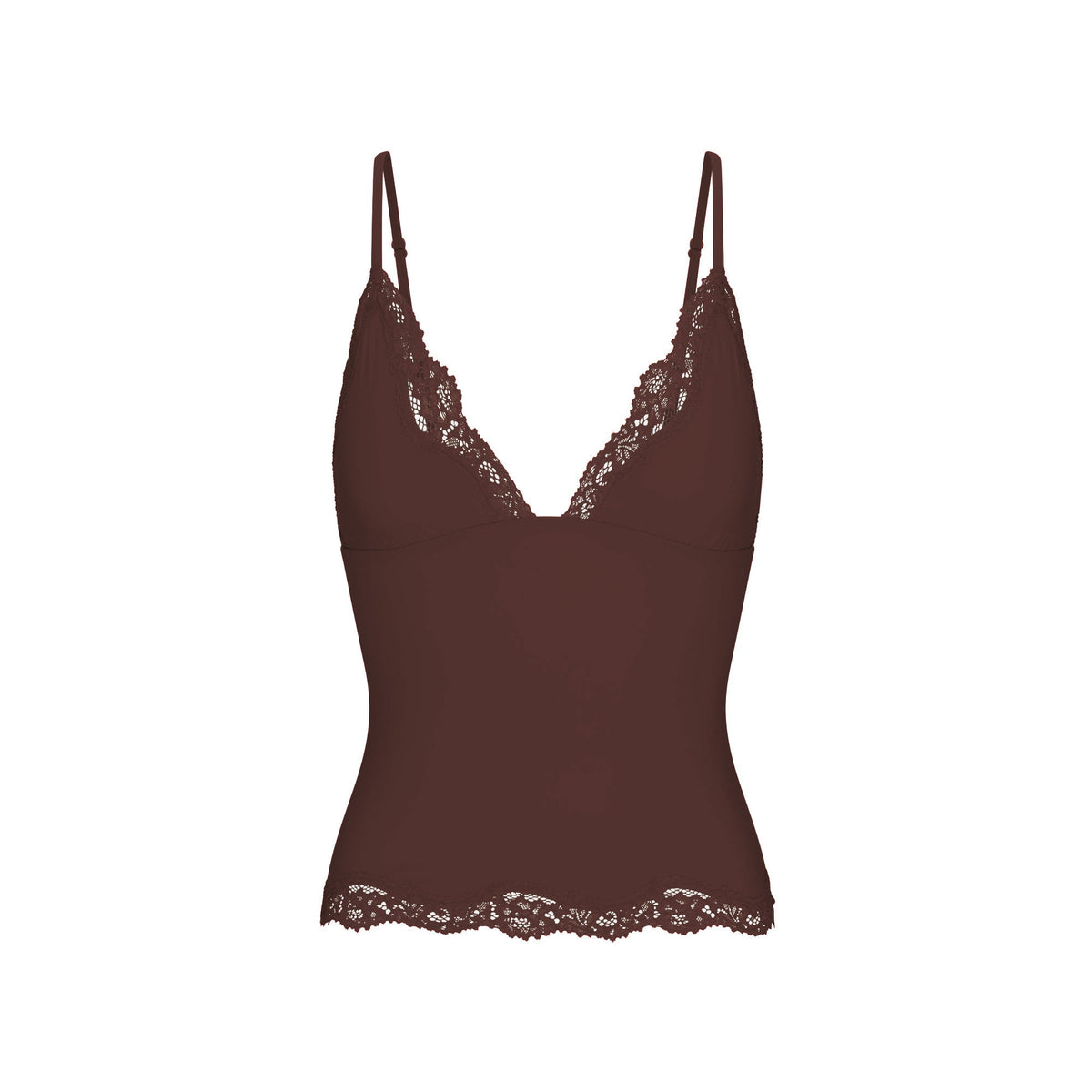 FITS EVERYBODY LACE TRIANGLE CAMI | ESPRESSO FLAT ON A WHITE BACKGROUND | FLT