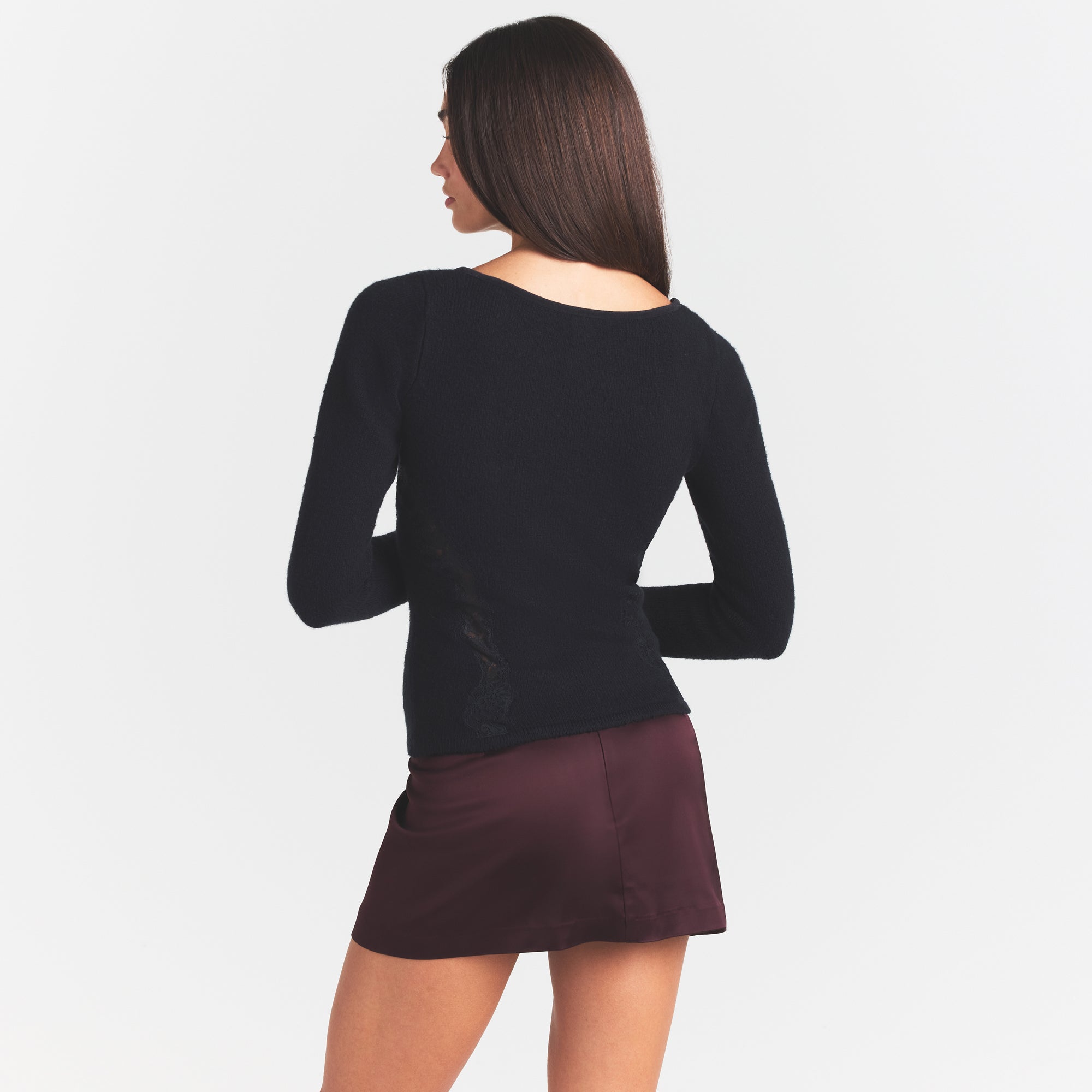 LACE KNIT LONG SLEEVE CARDIGAN | OBSIDIAN ON A MODEL SIDE VIEW @ | FOCUS: 0.0, 1.0, 0.9