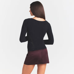 LACE KNIT LONG SLEEVE CARDIGAN | OBSIDIAN ON A MODEL SIDE VIEW @ | FOCUS: 0.0, 1.0, 0.9