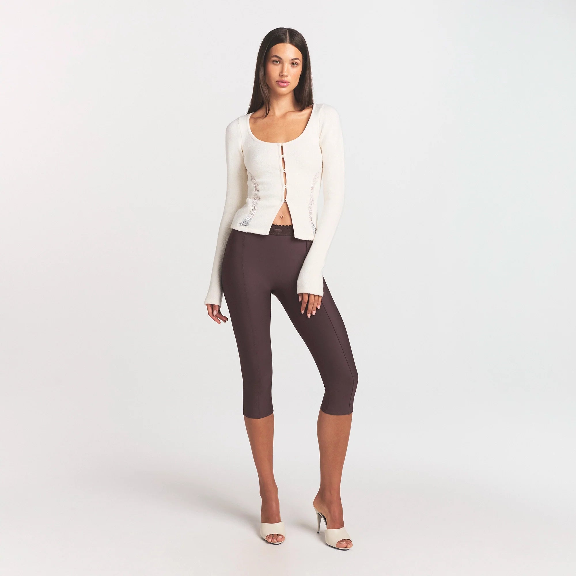 LACE KNIT LONG SLEEVE CARDIGAN | SUGAR ON A MODEL FRONT VIEW