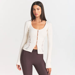 LACE KNIT LONG SLEEVE CARDIGAN | SUGAR ON A MODEL SIDE VIEW