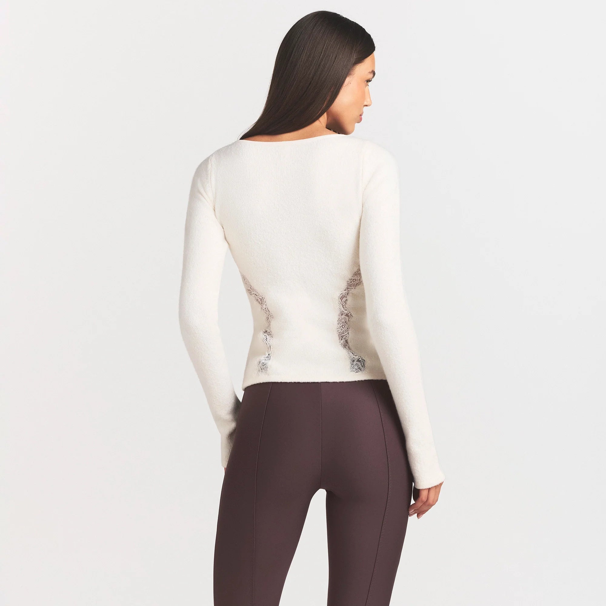 LACE KNIT LONG SLEEVE CARDIGAN | SUGAR ON A MODEL SIDE VIEW