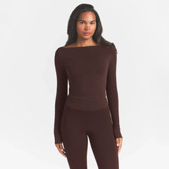 COTTON JERSEY LONG SLEEVE BOATNECK TOP | ESPRESSO ON A MODEL FRONT VIEW @ | FOCUS: 0.0, 1.0, 0.9