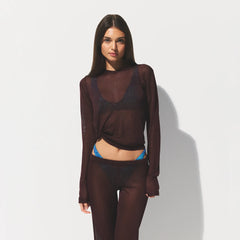 SLINKY KNIT CREW NECK LONG SLEEVE TOP | CURRANT ON A MODEL FRONT VIEW @ | FOCUS: 0.0, 1.0, 0.9