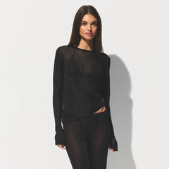 SLINKY KNIT CREW NECK LONG SLEEVE TOP | OBSIDIAN ON A MODEL FRONT VIEW @ | FOCUS: 0.0, 1.0, 0.9