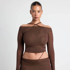 VETTESE X SKIMS SHEER MODAL OFF THE SHOULDER TOP | COCOA ON A MODEL FRONT VIEW | FOCUS: 0.0, 1.0, 0.9