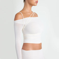 VETTESE X SKIMS SHEER MODAL OFF THE SHOULDER TOP | ECRU ON A MODEL SIDE VIEW | FOCUS: 0.0, 1.0, 0.9