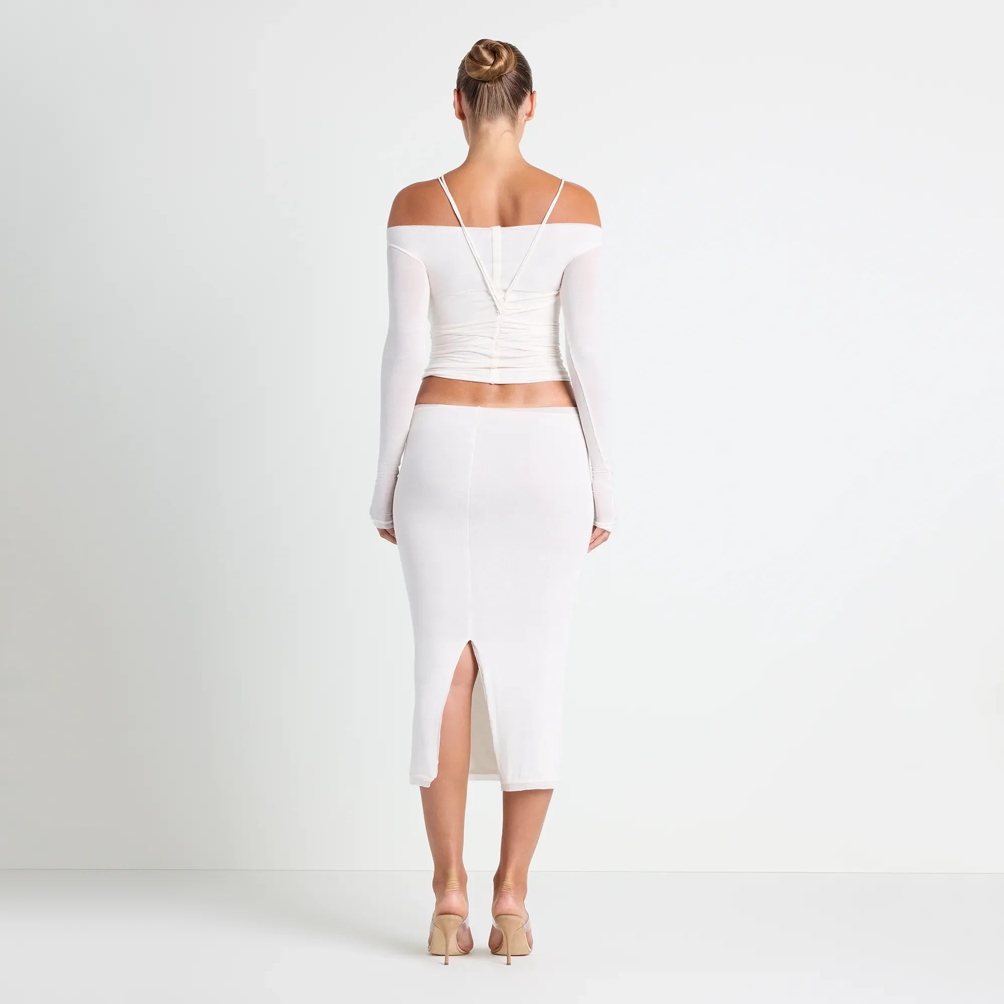 VETTESE X SKIMS SHEER MODAL OFF THE SHOULDER TOP | ECRU ON A MODEL BACK VIEW | FOCUS: 0.0, 1.0, 0.9