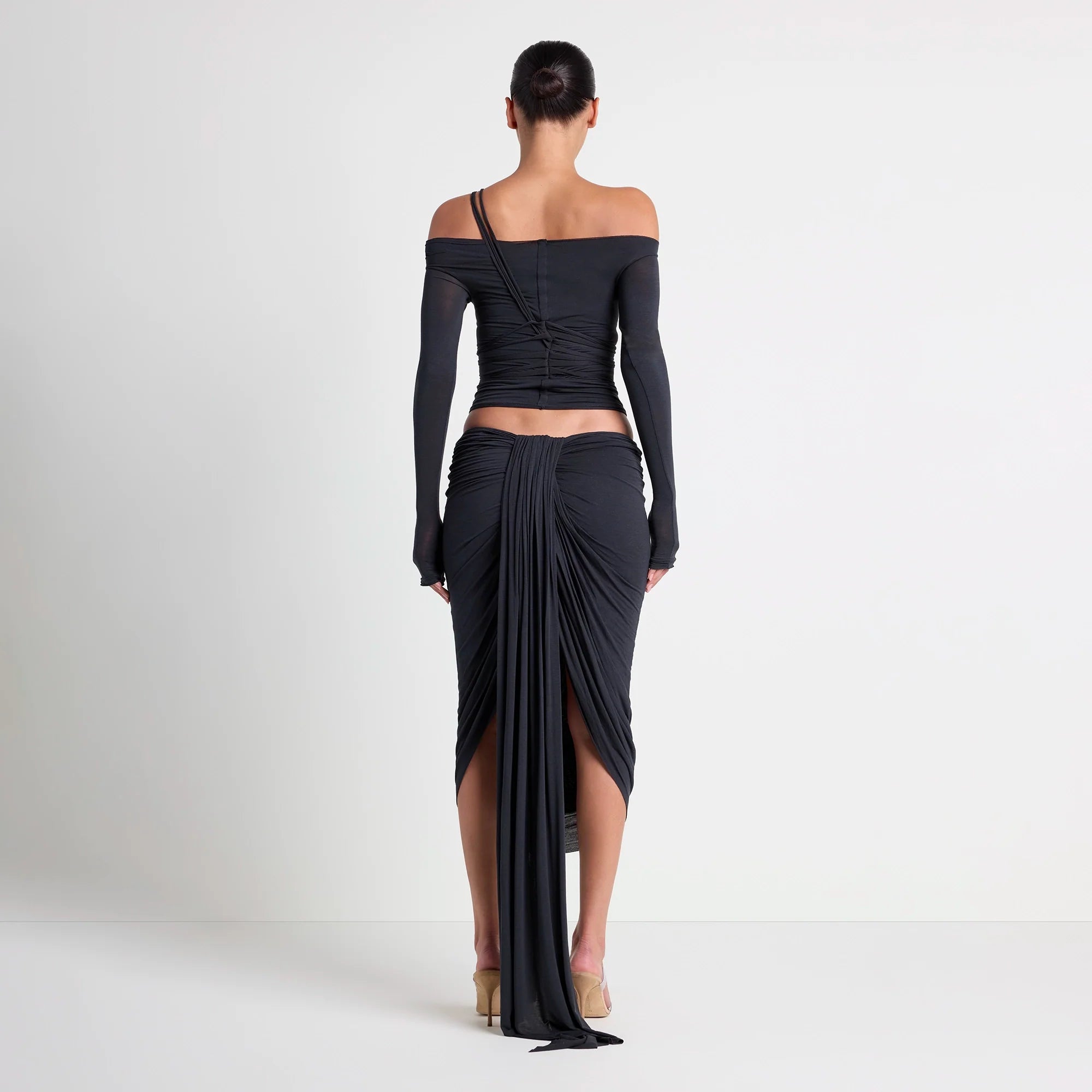 VETTESE X SKIMS SHEER MODAL OFF THE SHOULDER TOP | ONYX ON A MODEL BACK VIEW| FOCUS: 0.0, 1.0, 0.9