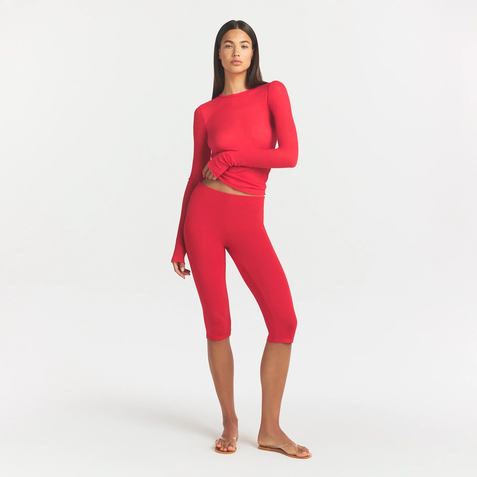 SHEER RIB LONG SLEEVE TOP | CARMINE ON A MODEL FRONT VIEW @ | FOCUS: 0.0, 1.0, 0.9