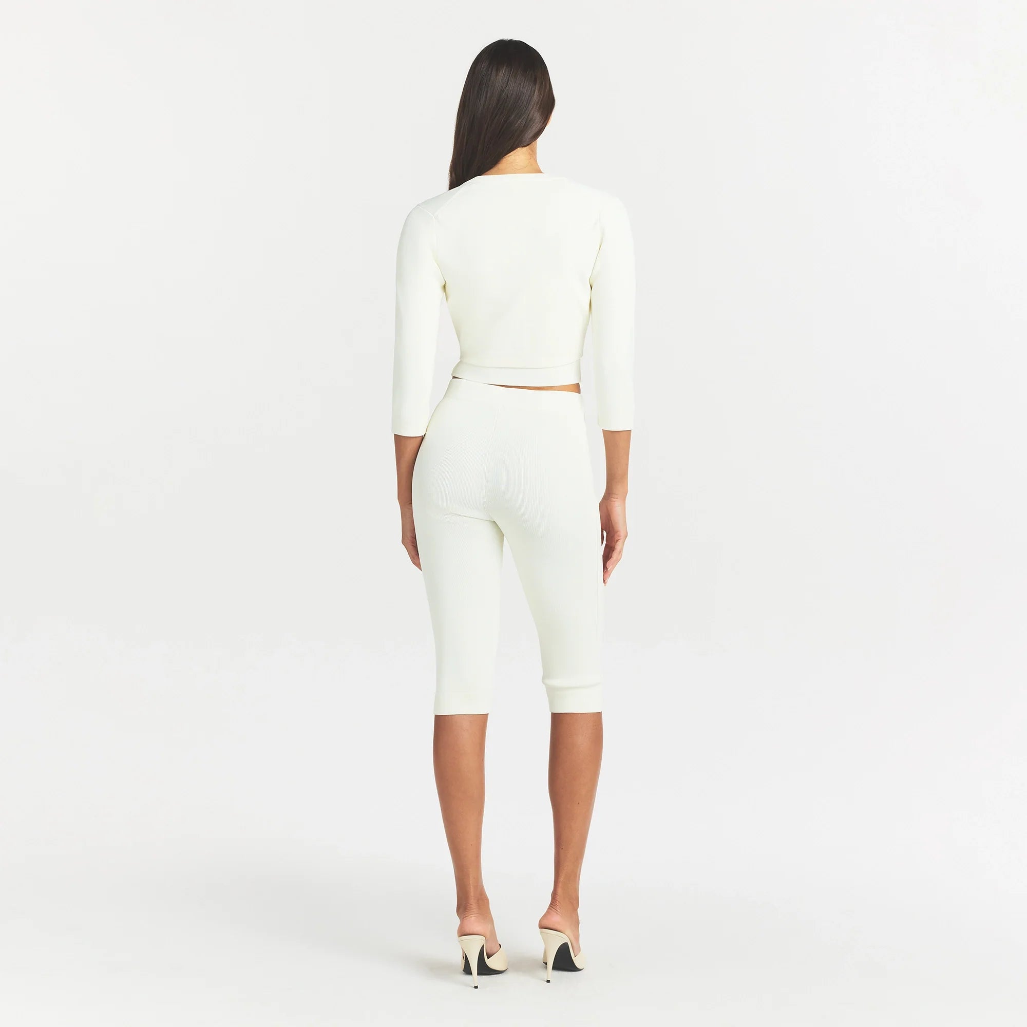 REFINED KNIT CROPPED CARDIGAN | EGRET ON A MODEL FRONT VIEW