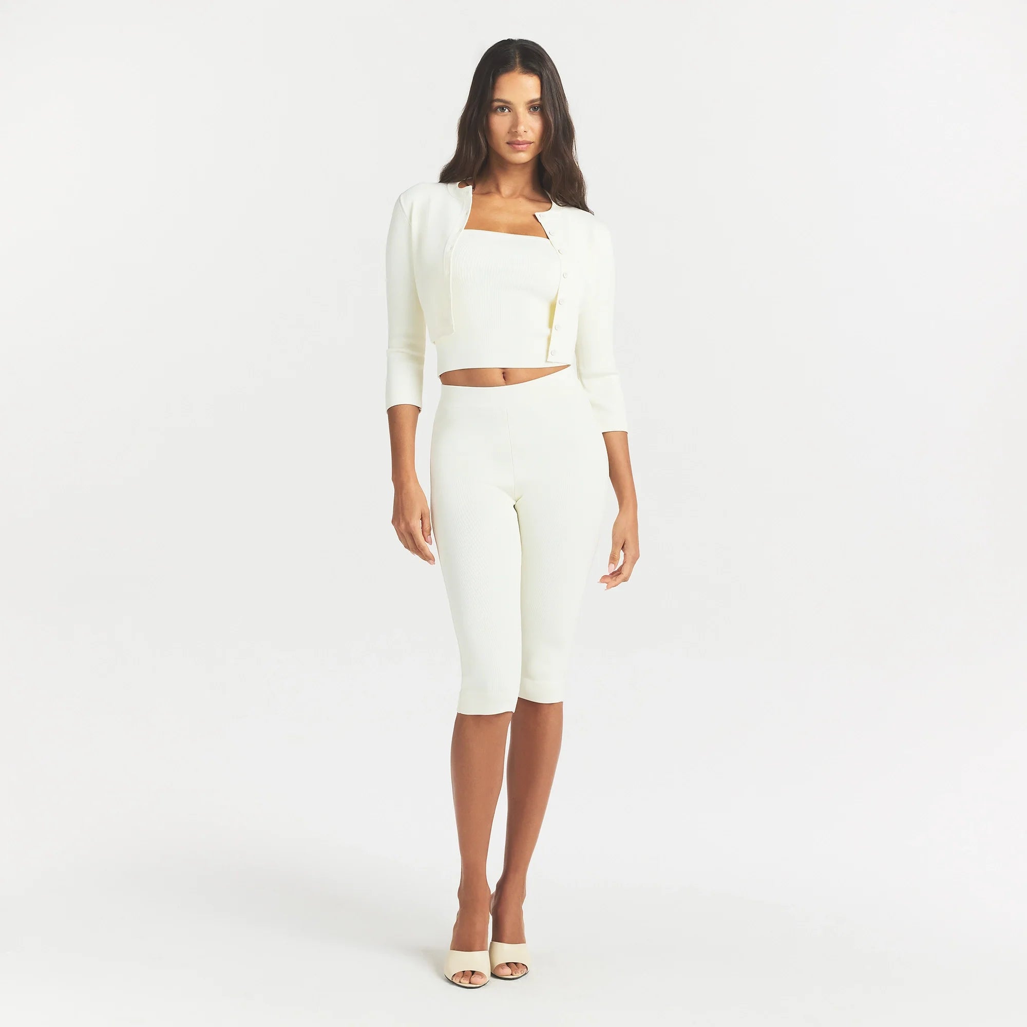 REFINED KNIT CROPPED CARDIGAN | EGRET ON A MODEL FRONT VIEW