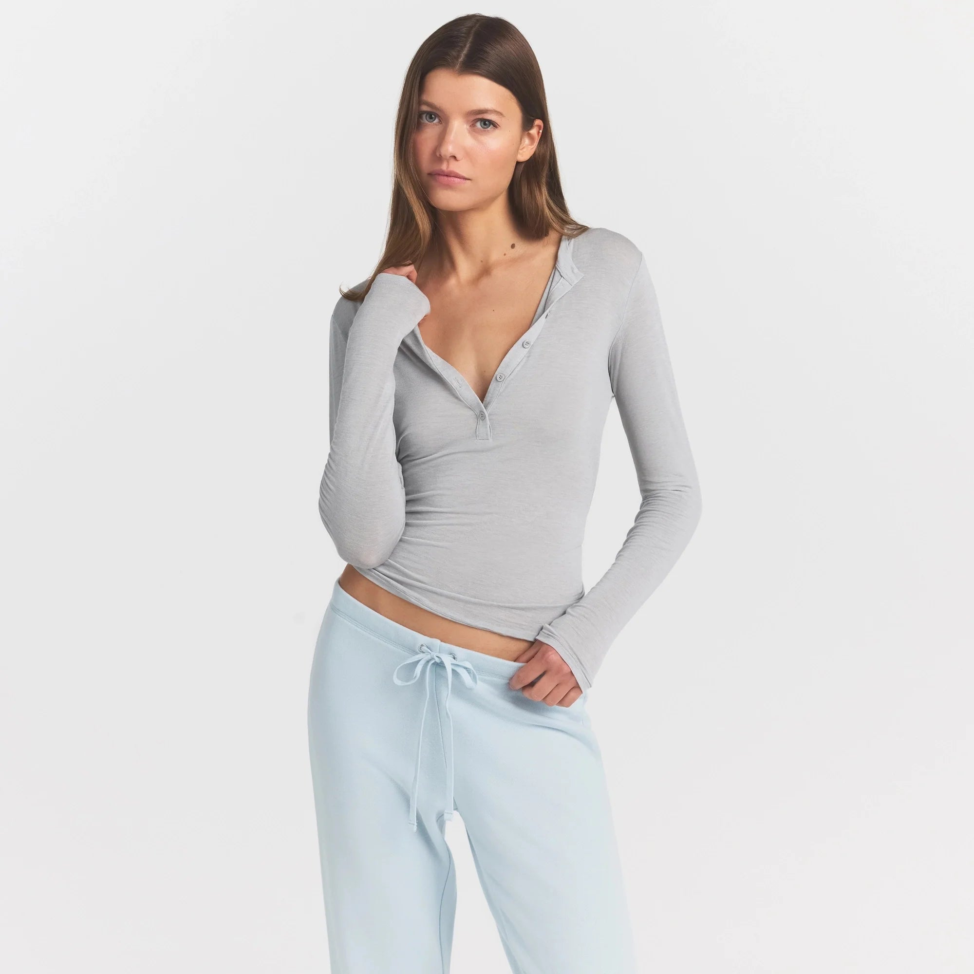 SHEER MODAL CREWNECK HENLEY | HEATHER GREY ON A MODEL SIDE VIEW @ | FOCUS: 0.0, 1.0, 0.9