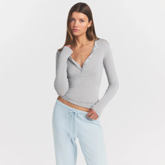 SHEER MODAL CREWNECK HENLEY | HEATHER GREY ON A MODEL SIDE VIEW @ | FOCUS: 0.0, 1.0, 0.9