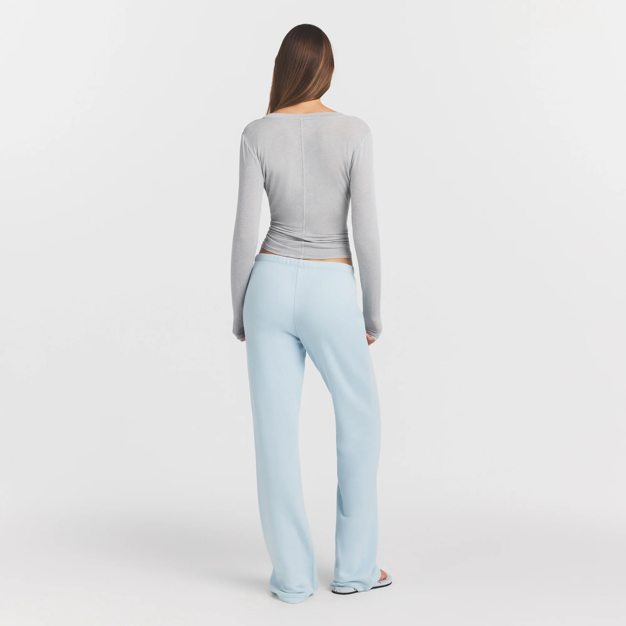 SHEER MODAL CREWNECK HENLEY | HEATHER GREY ON A MODEL FRONT VIEW @ | FOCUS: 0.0, 1.0, 0.9
