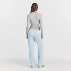 SHEER MODAL CREWNECK HENLEY | HEATHER GREY ON A MODEL FRONT VIEW @ | FOCUS: 0.0, 1.0, 0.9