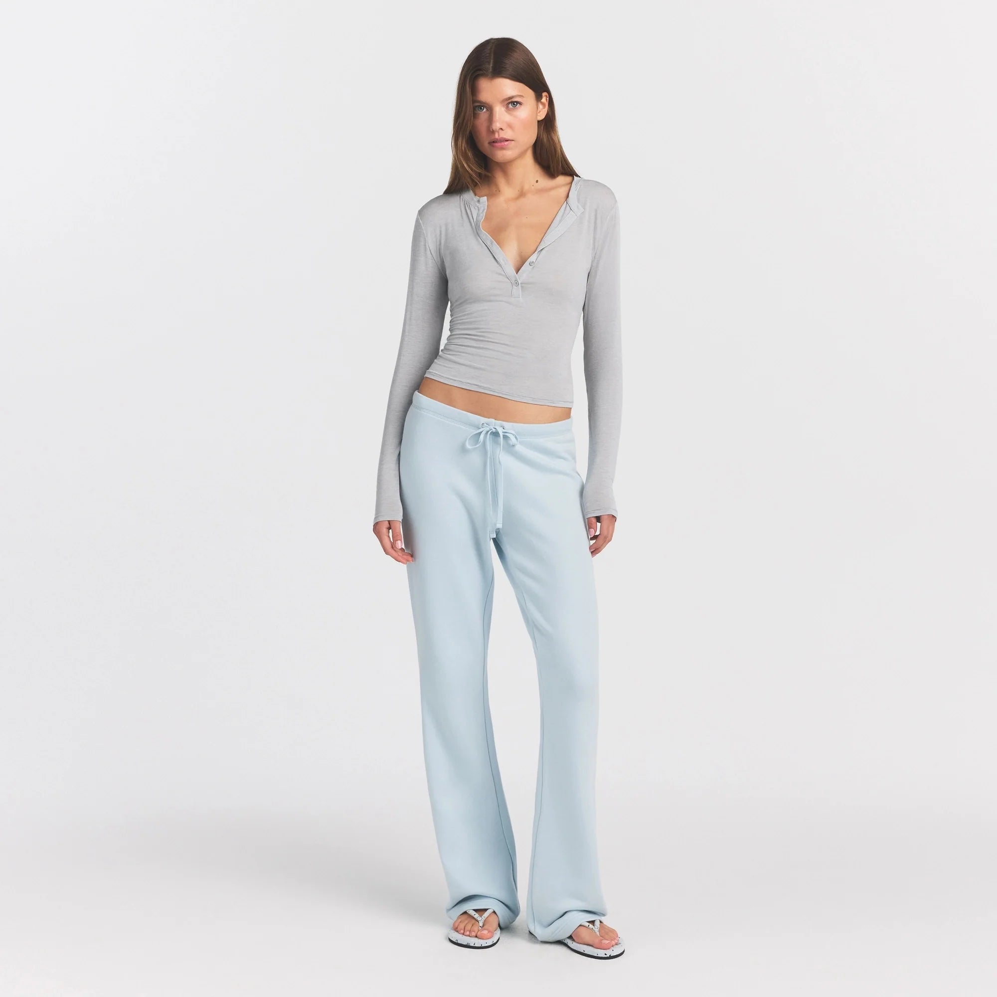 SHEER MODAL CREWNECK HENLEY | HEATHER GREY ON A MODEL FRONT VIEW @ | FOCUS: 0.0, 1.0, 0.9