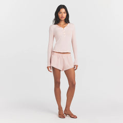 SHEER MODAL CREWNECK HENLEY | PRIMROSE ON A MODEL FRONT VIEW