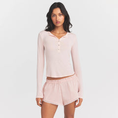 SHEER MODAL CREWNECK HENLEY | PRIMROSE ON A MODEL SIDE VIEW