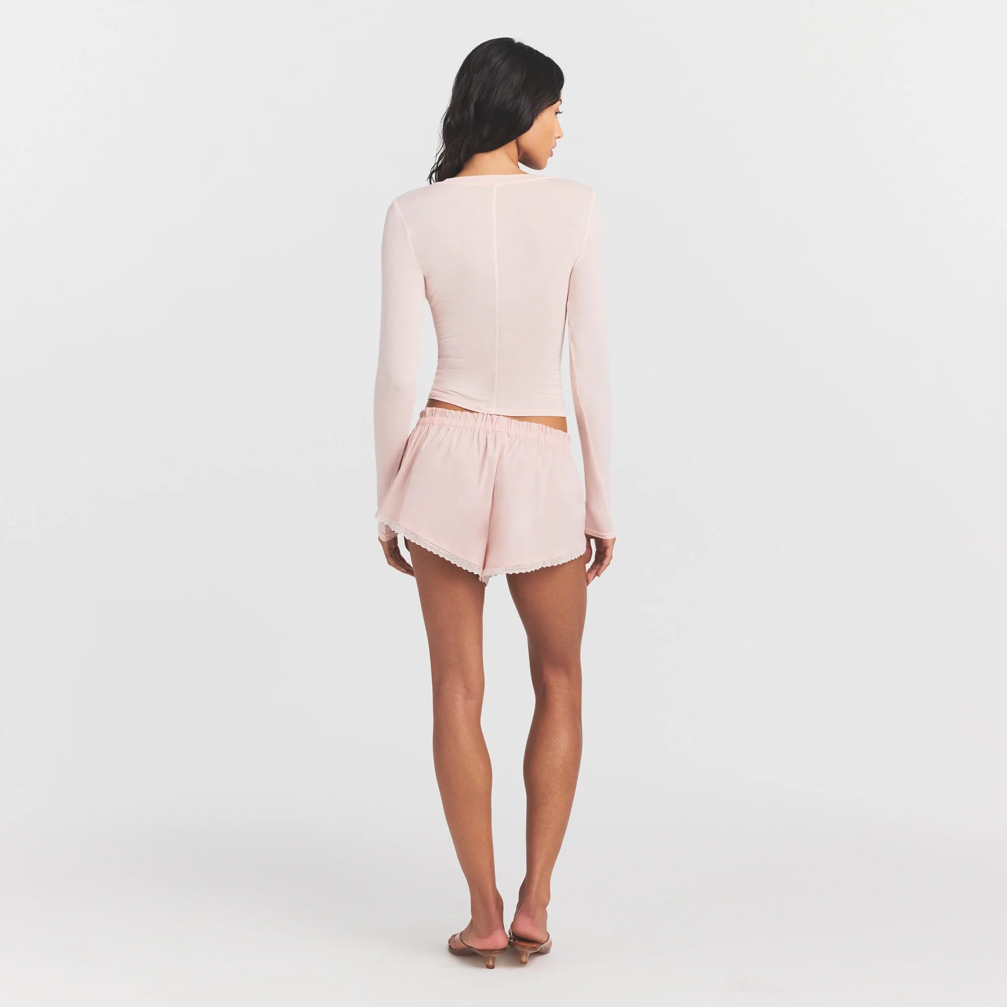 SHEER MODAL CREWNECK HENLEY | PRIMROSE ON A MODEL FRONT VIEW